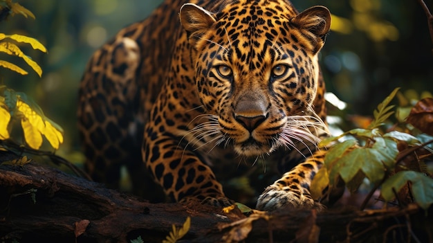 Ein wunderschöner großer Jaguar-Leopard kauert auf einem Baum mit Blick nach vorne im Dschungel