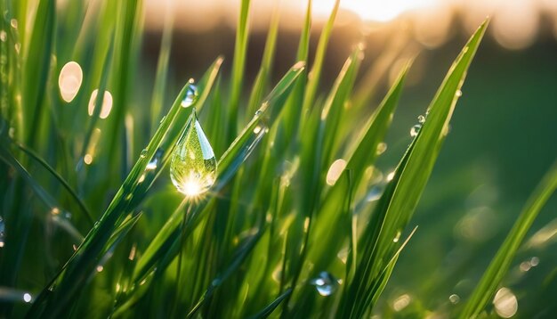 Foto ein wunderschöner großer tropfen morgentau im gras funkelt im sonnenlicht im freien