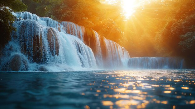 Ein wunderschöner großer Wasserfall stürzt durch einen tiefen Wald