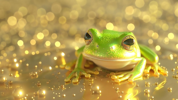 Foto ein wunderschöner grüner frosch sitzt auf einer goldenen oberfläche