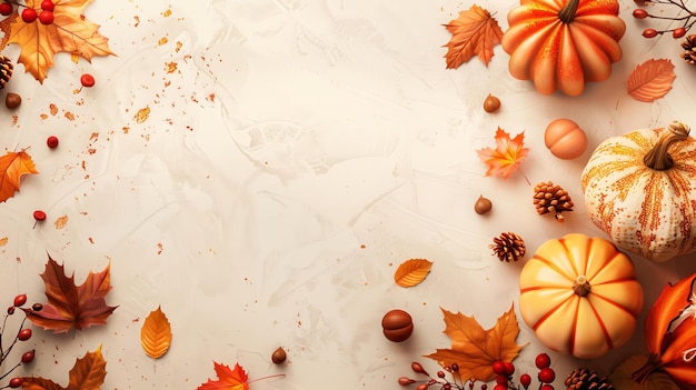 Ein wunderschöner Herbst-Hintergrund mit Kürbissen, Blättern, Kieferkegel und Beeren, perfekt für Thanksgiving, Halloween oder jeden anderen Herbst-Anlass.