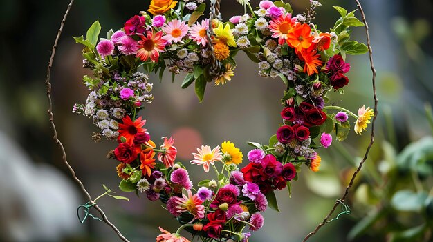 Foto ein wunderschöner herzförmiger kranz aus bunten blumen