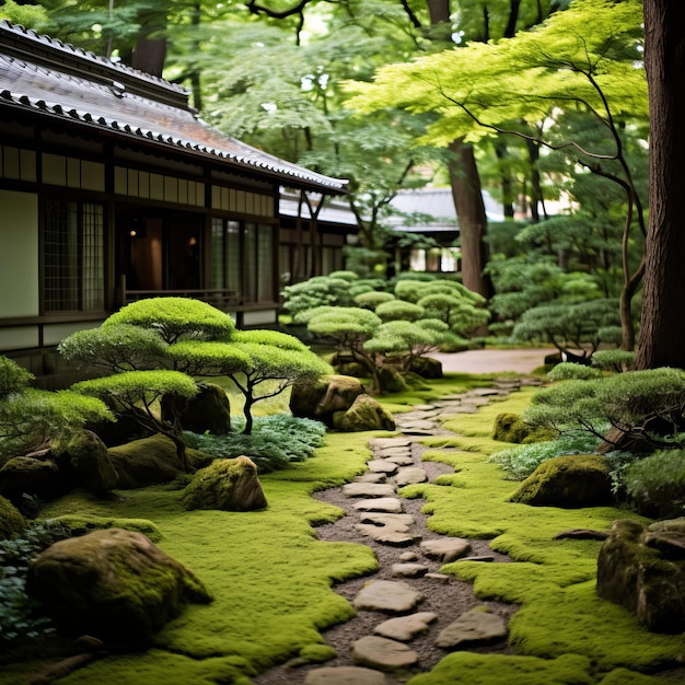 Ein wunderschöner japanischer Garten mit Steinpfaden, Bäumen und Moos