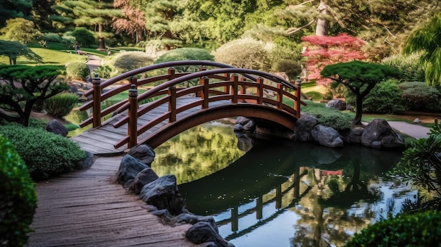 ein wunderschöner japanischer Garten mit Teich und Brücken