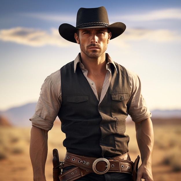 Ein wunderschöner junger, süßer und gutaussehender Cowboy, der mit einem heißen hyperrealistischen Sixpack 4K-Film posiert