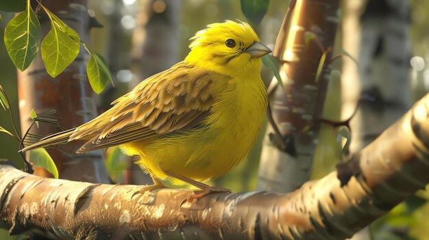 Foto ein wunderschöner kanarienvogel sitzt in der morgensonne auf einem zweig, seine federn sind hellgelb und seine augen sind dunkel und wachsam.