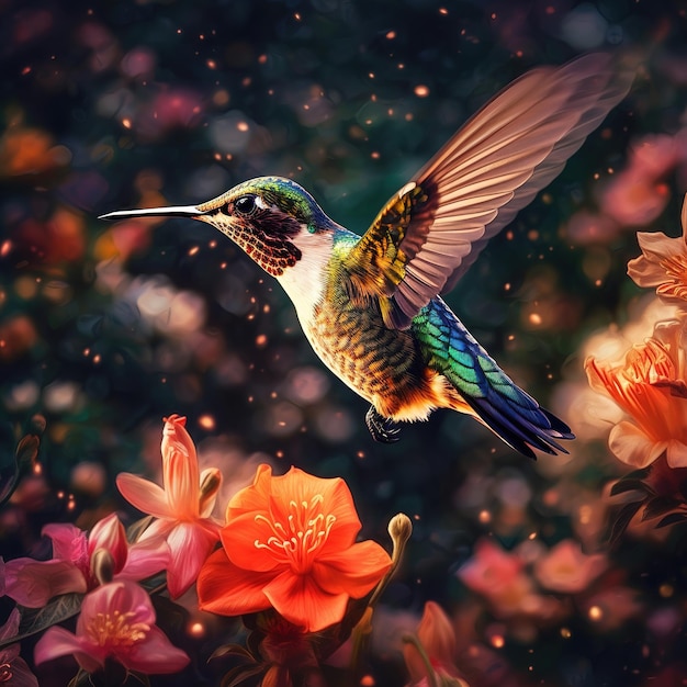 ein wunderschöner Kolibri fliegt in der Nähe von Blumen