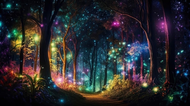 Ein wunderschöner märchenhafter Zauberwald bei Nacht aus glitzernden Kristallen mit Bäumen und farbenfroher Vegetation erzeugt Ai