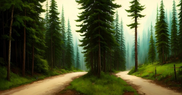Ein wunderschöner märchenhafter Zauberwald mit großen Bäumen und toller Vegetation Digitaler Hintergrund Generative KI