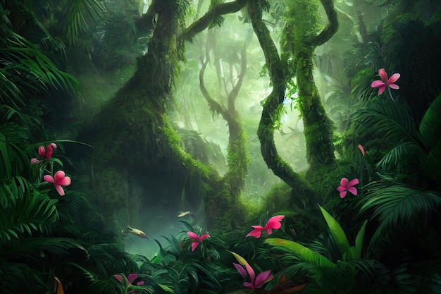 Ein wunderschöner märchenhafter Zauberwald mit großen Bäumen und toller Vegetation Digitaler Malhintergrund