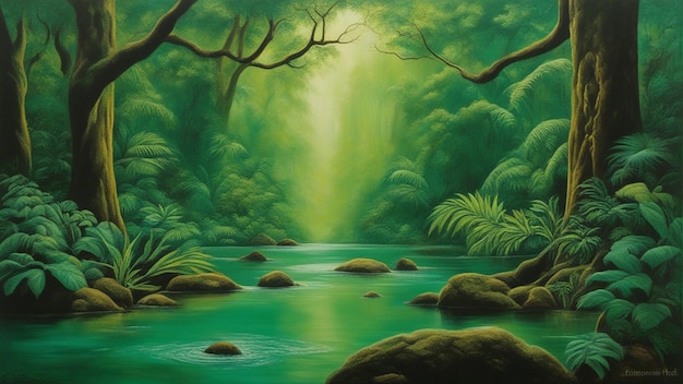 Foto ein wunderschöner märchenhafter zauberwald mit großen bäumen und wasserfällen, vegetation, digitaler malerei