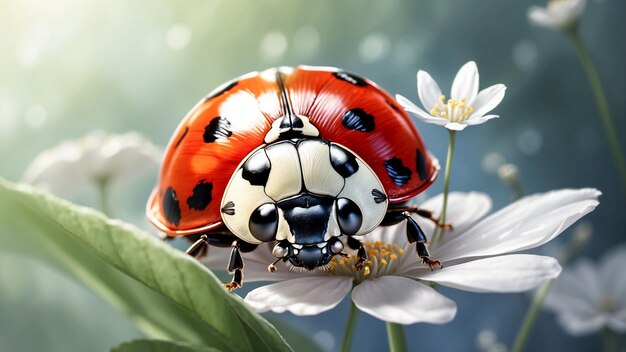 Ein wunderschöner natürlicher Hintergrund mit einer Marienkäfer, die auf einer zarten weißen Blume ruht, deren Flügel sanft fliegen