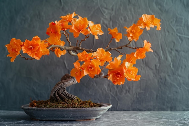 Ein wunderschöner orangefarbener Bonsai-Baum mit Papiermache-Blüten auf einem dunkelgrauen Hintergrund