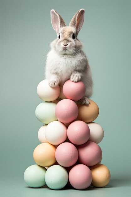 Ein wunderschöner Osterhase auf einem Berg bunter Eier