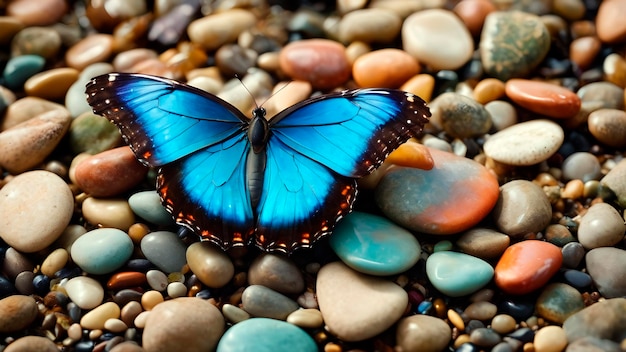 ein wunderschöner Schmetterling in Taustropfen sitzt auf einem Stein-Close-Up
