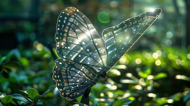 Ein wunderschöner Schmetterling mit durchsichtigen Flügeln sitzt auf einem grünen Blatt in einem üppig grünen Garten Die Sonne scheint hell und wirft einen warmen Glanz über die Szene