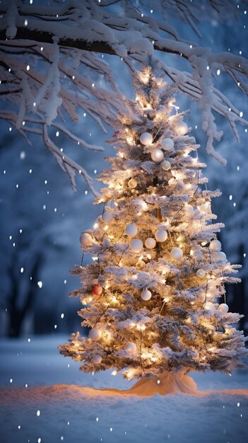 Ein wunderschöner schneebedeckter Weihnachtsbaum steht in der Mitte einer Waldfläche