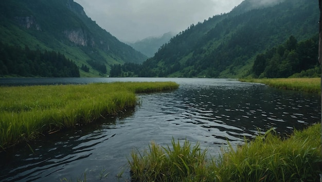 Ein wunderschöner See mitten im Berg, umgeben von grünem Gras und leichtem Regen