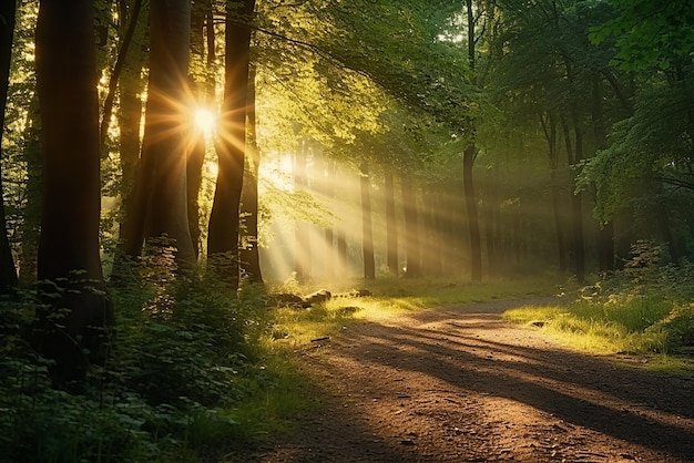 ein wunderschöner Sonnenaufgang in einem Wald