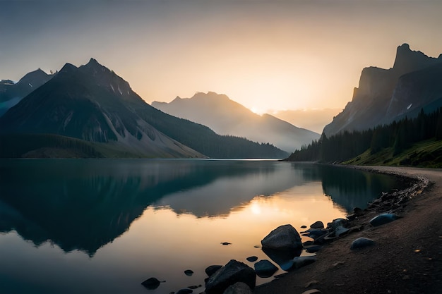 ein wunderschöner Sonnenaufgang über einem Bergsee.