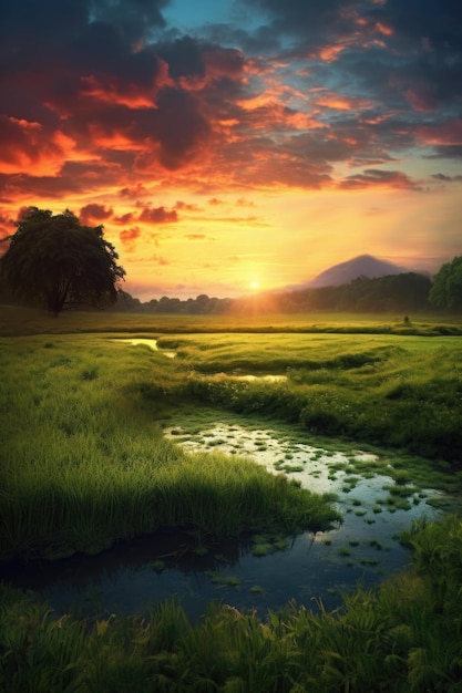 Ein wunderschöner Sonnenaufgang über einer grünen Landschaft, erstellt mit generativer KI