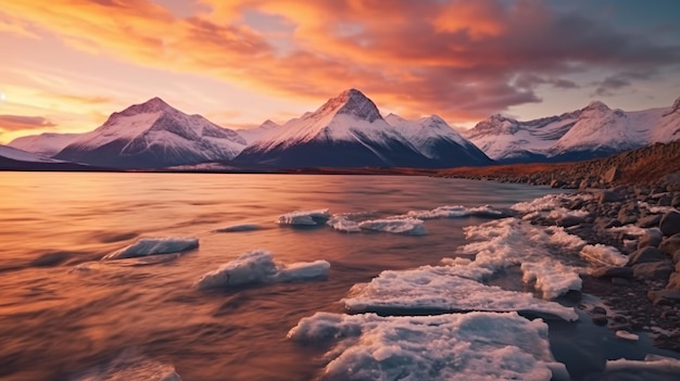 Ein wunderschöner Sonnenuntergang mit Bergen im Hintergrund und einem See mit Gletscherwasser im Vordergrund Generative KI