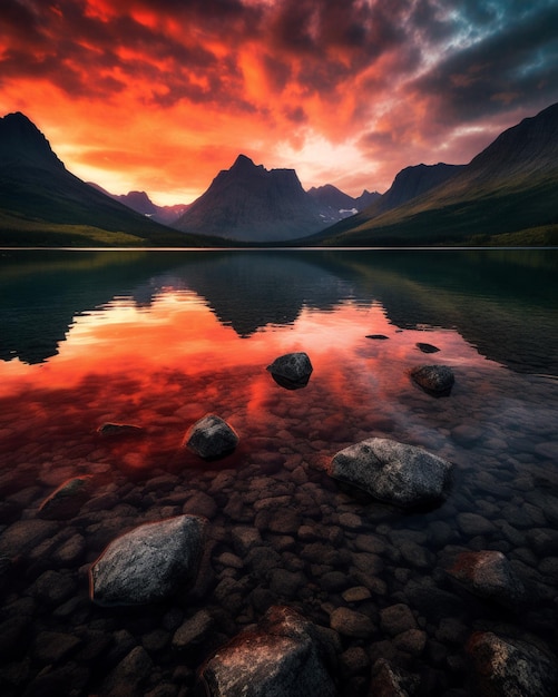 Ein wunderschöner Sonnenuntergang über einem Bergsee mit rotem Himmel und bewölktem Himmel.