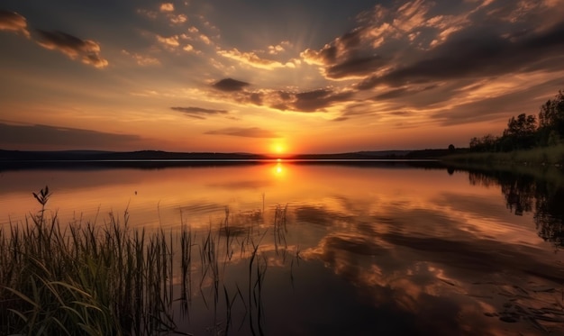 Ein wunderschöner Sonnenuntergang über einem See mit der dahinter untergehenden Sonne.