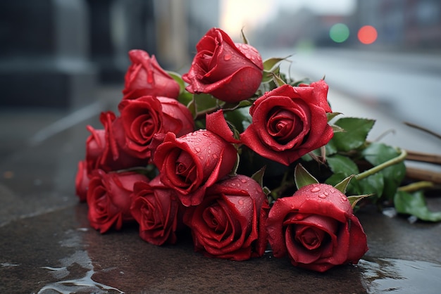 Ein wunderschöner Strauß roter Rosen auf einer Steinoberfläche