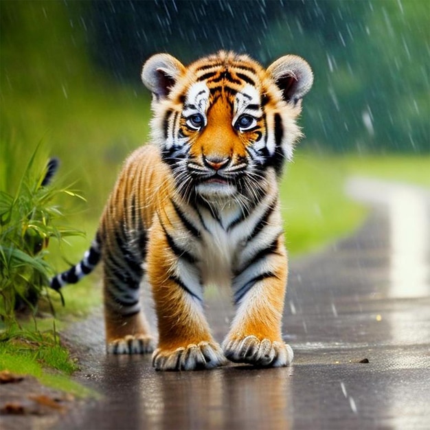 Ein wunderschöner Tiger genießt den Regen