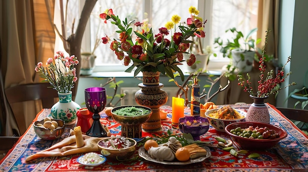 Ein wunderschöner Tisch mit einer Vase mit Blumen, Kerzen und einer Vielzahl von Speisen