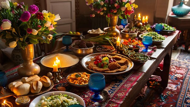 Ein wunderschöner Tisch mit einer Vielzahl von köstlichen Speisen, einschließlich Obst, Gemüse und Brot Es gibt auch Blumen und Kerzen auf dem Tisch