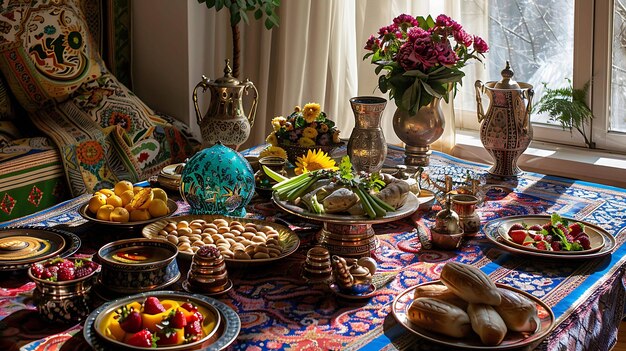 Ein wunderschöner Tisch mit einer Vielzahl von köstlichen Speisen Es gibt Teller mit Obst, Gemüse und Brot sowie eine große Vase mit Blumen