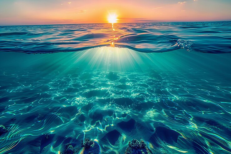 Foto ein wunderschöner unterwasserblick auf den ozean, durch den das sonnenlicht scheint, erzeugt eine bezaubernde und