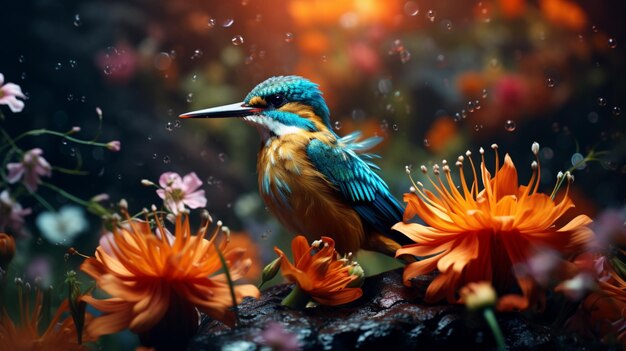 Ein wunderschöner Vogel fliegt stilvoll über dem Blumengarten Generative IA Art