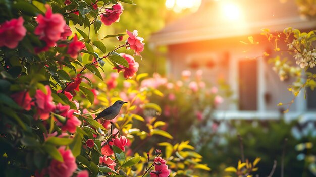 Ein wunderschöner Vogel sitzt auf einem Zweig eines blühenden Baumes. Die zarten rosa Blüten stehen vor einem Hintergrund aus üppig grünen Blättern.