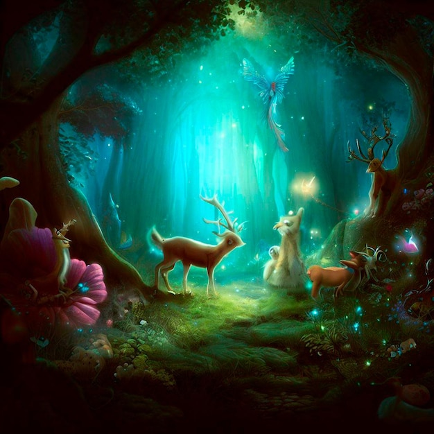 Ein wunderschöner Wald mit magischen Tieren und Hadas