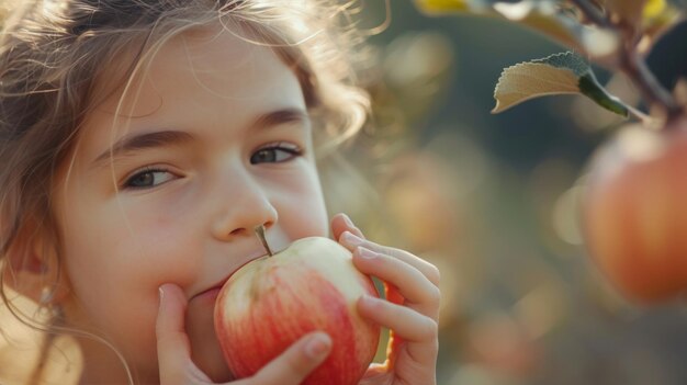 Ein wunderschönes 12-jähriges Mädchen beißt einen großen, saftigen Apfel ab