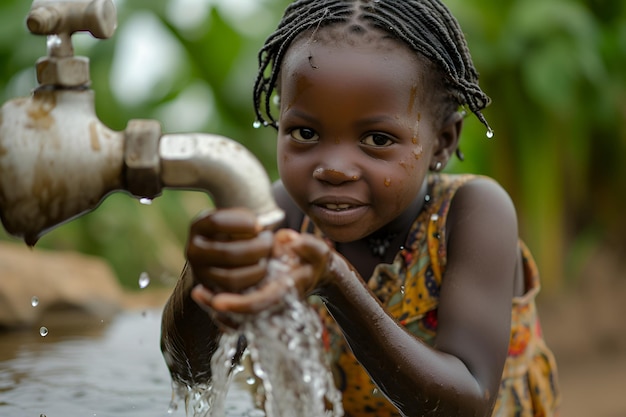 Ein wunderschönes afrikanisches Mädchen zieht Wasser aus einem Wasserhahn in ihrem Dorf