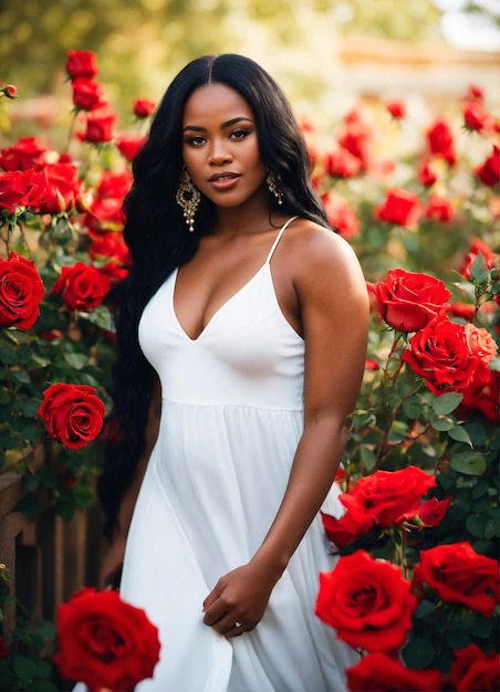 Ein wunderschönes Afro-Frau-weißes Kleid mit langen schwarzen Haaren in einem Rosenfeld am Valentinstag