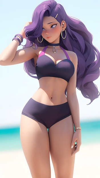 Foto ein wunderschönes anime-mädchen mit lila haaren und dunkelviolettem bikini, das am strand steht