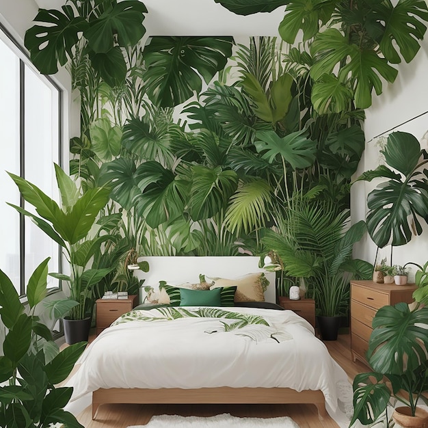 Ein wunderschönes Bett mit grünem Ai generativem HD 8K-Hintergrundbild