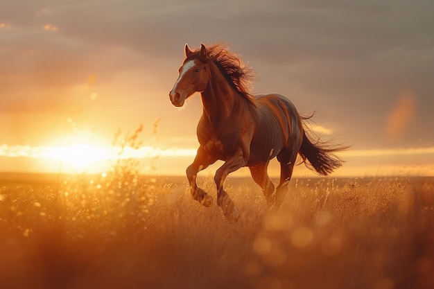 Ein wunderschönes Bild, das ein majestätisches Pferd zeigt, das frei auf einem Feld mit dem goldenen Glanz galoppiert