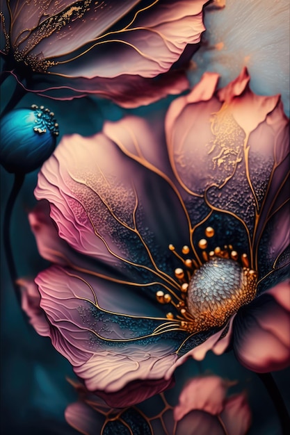 Ein wunderschönes Blumengemälde mit blauem Hintergrund und einer rosa Blume.