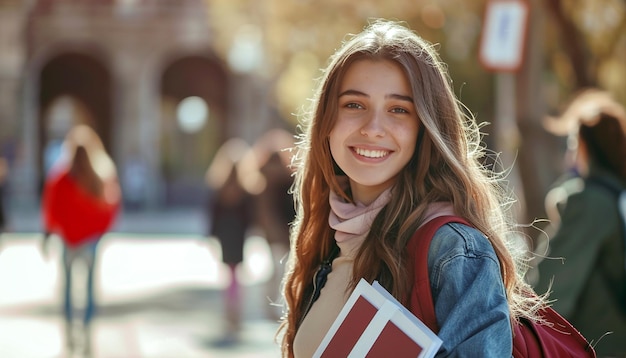 Ein wunderschönes College-Mädchen, das ihr Abschluss erhält und Papiere und ein Notizbuch trägt