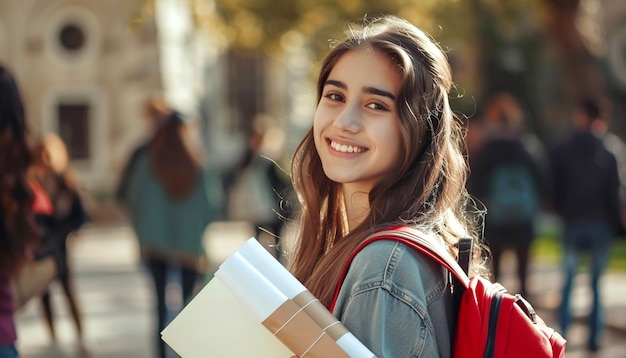 Ein wunderschönes College-Mädchen, das ihr Abschluss erhält und Papiere und ein Notizbuch trägt
