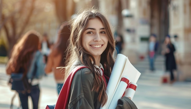 Ein wunderschönes College-Mädchen, das ihr Abschluss erhält und Papiere und ein Notizbuch trägt