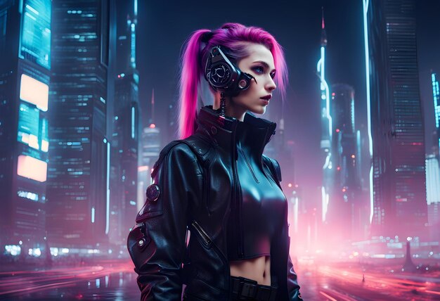 Ein wunderschönes Cyberpunk-Mädchen steht gegen