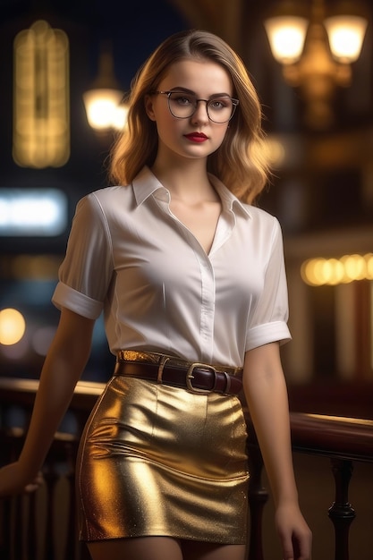 Ein wunderschönes europäisches Mädchen in goldenen Kleidern und Brillen steht nachts auf der Straße