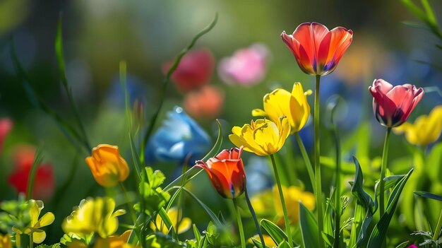 Foto ein wunderschönes feld von tulpen in voller blüte. die tulpen sind verschiedener farbe, darunter rot, gelb, rosa und lila.